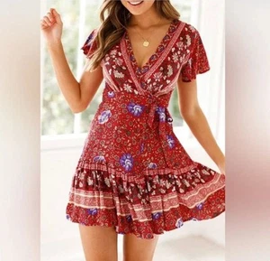 Wrap V Neck Bohemian Floral Print Ruffle Swing A Line Beach Mini Dress size S - Bild 1 von 15