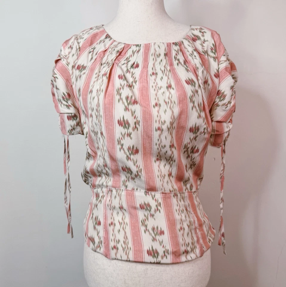 Blusa Top Colección Brock Rayas Floral Seda Histórica Manga Abullonada Talla 6 Nueva con Etiquetas  Foto 1 de 4