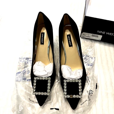 Nine West Woman’s Jaquee2 Black Suede Heels With Rhinestones, New! Size 9M Read - Image 1 of 4
