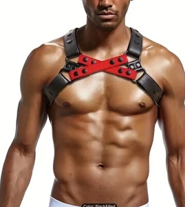 Mens Black & Red Faux Leather Chest Harness*Adjustable Straps*Studs*Gay Pride - Picture 1 of 2