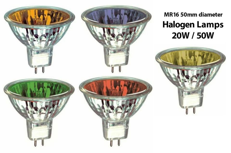 12V MR16 COLOURED LOW VOLTAGE - 20W, 35W, 50W, - YELLOW, AMBER, BLUE, RED, GREEN - Image 1 of 1