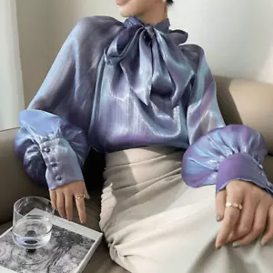 Satinbluse mit Schleife mit Krawatte | Damen Retro Langarm Büro schimmerndes Top #1267 - Bild 1 von 5