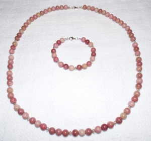 Sterling Rosa Mauve Rhodochrosit Edelstein Perlen Halskette & Armband Set 8 28,5 - Bild 1 von 9