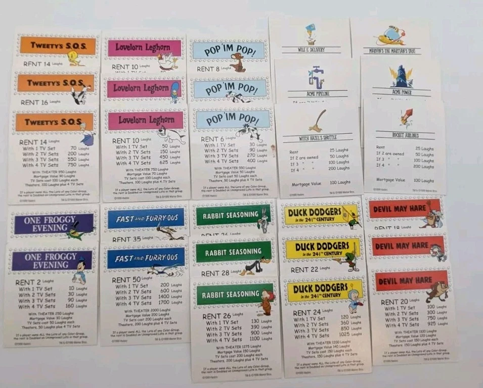 1999 Looney Tunes 大富翁替换全套财产契约卡 28 张总计 — 第 1/1 张图片