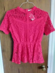 Tobrief Blouse Top Shirt Womens Size Small Short Sleeve Sexy Sheer Lace Red NWT - Picture 1 of 9