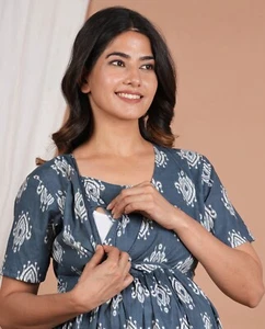 Feeding Nursing Dress Pregnancy Outfit Block Print Cotton Maternity Dress Wear - Picture 1 of 7