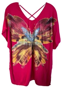 Women's Viscose Summer Blouse Butterfly Print Criss Cross Back Size XL Hot Pink - Picture 1 of 4