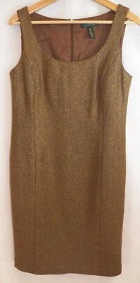 Vestido recto de lana Ralph Lauren marrón/camello/dorado metálico espiga 10 Foto 1 de 4