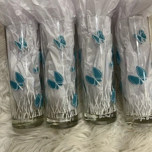 Georges Briard MCM Turquoise Butterfly Highball Tumbler Glasses 7” Set Of 4 - Picture 1 of 7