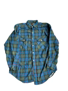 Vintage 50s Riverside Sanforized Flannel All Cotton Made In USA Blue Green Large - Picture 1 of 6