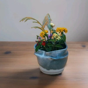 Handmade Blue Ceramic Vase with Removable Flower Frog Floral Arrangement Tool - Picture 1 of 11