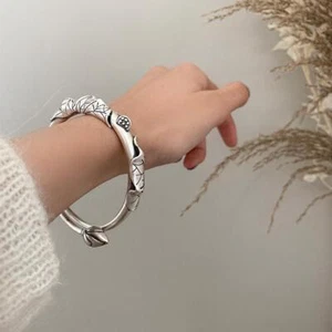 Silber Armreif Armreif Vintage Armband Retro Lotus dünn 925 Sterling Damen Schmuck - Bild 1 von 13