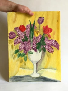 Pintura ingenua hecha a mano sobre tablero de lienzo ramo de flores núcleo amarillo de cabaña - Imagen 1 de 7