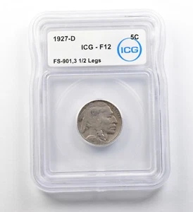 1927-D Indian Head Buffalo Nickel FS-901 3 1/2 Legs F12 ICG ERROR *8195 - Picture 1 of 3