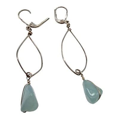Pendientes colgantes de plata de ley y aguamarina de diseño | 2 3/4" de largo | Foto 1 de 4
