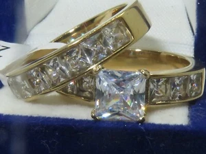 Ladies engagement ring set gold band princess square wedding 18kt cz new 1206 - Picture 1 of 6