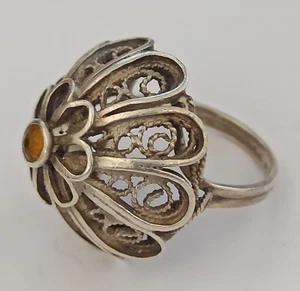 Vintage Filigree Ring Yemenite Dome 925 Silver Old Yellow Rhinestone 5.75 Puffy - Picture 1 of 15