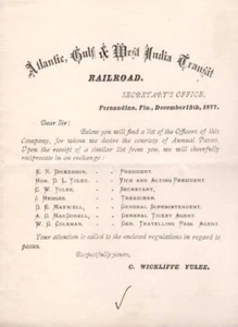 ATLANTIC GULF & WEST INDIA TRANSIT RR 1877 REQUEST FOR ANNUAL PASSES FLORIDA SAL - Bild 1 von 1