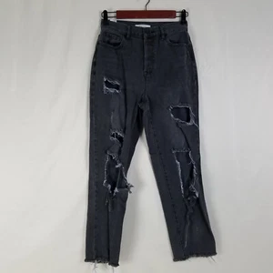 Pacsun Jeans Womens 25 High Rise Black Denim Straight Destroyed Charcoal Wash - Picture 1 of 19