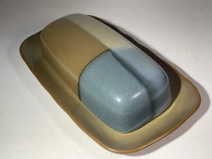 VTG SANGO China Covered Butter Dish Brown Beige Blue 2 Piece Set - Picture 1 of 24