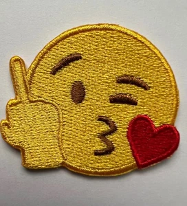 Middle Finger Emoji Patch Funny Iron-On Winking Face with Heart Applique 1.75in - Picture 1 of 4