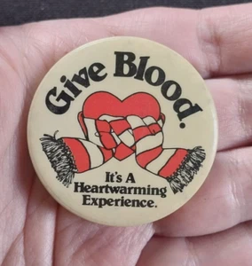 RARE Vintage Give Blood It's A Heartwarming Experience Button Pin Badge Pinback - Picture 1 of 6