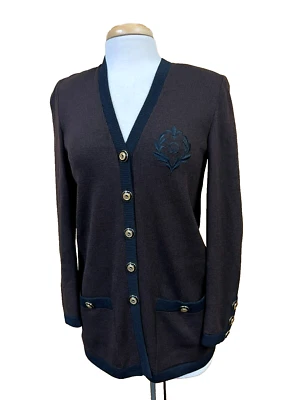 Cárdigan Largo St. John Vintage Marrón Santana Tejido Borde Negro Botones Dorados, P/XS Foto 1 de 4