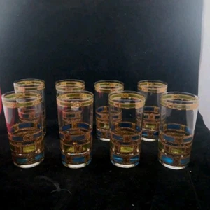 8 Culver LTD EMPRESS Highball Cocktail Glasses Blue & Green Stripes 22Kt Gold - Picture 1 of 16