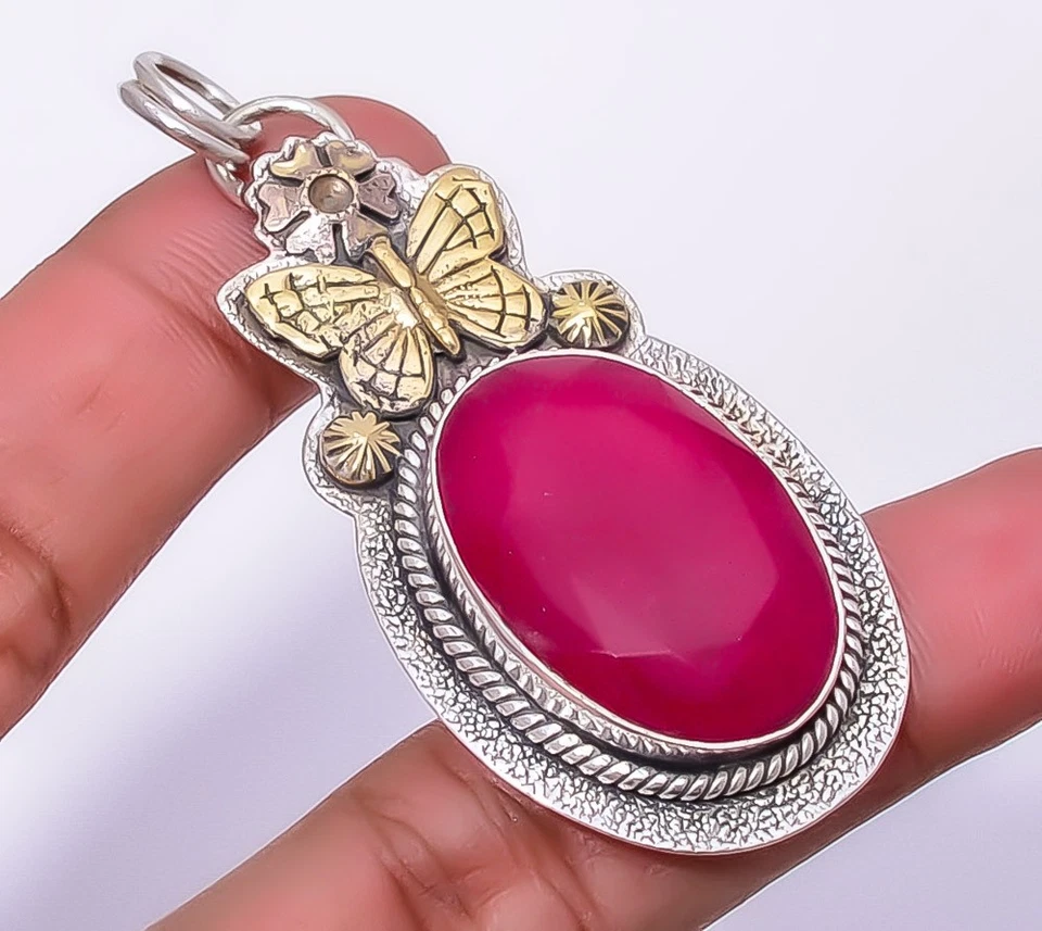 Ruby Simulated 925 Sterling Silver Butterfly Pendant 2.34" P81, Christmas Gift - Image 1 of 4