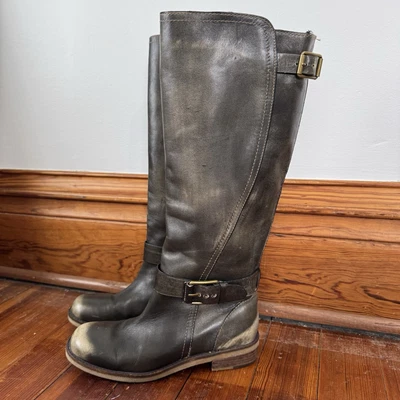 Botas femininas Lucky Brand desgastadas usadas altas equitação motociclista fivela panturrilha larga 8.5 - Imagem 1 de 4