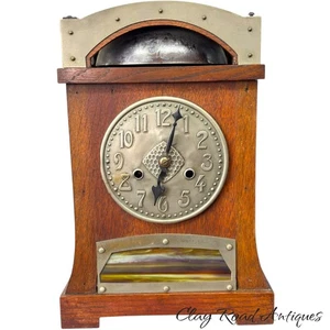 Antique arts & crafts Mission oak mantle clock metal mounted bell slag glass - Picture 1 of 24