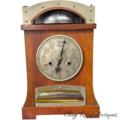 Antique arts & crafts Mission oak mantle clock metal mounted bell slag glass - Image 1 of 4