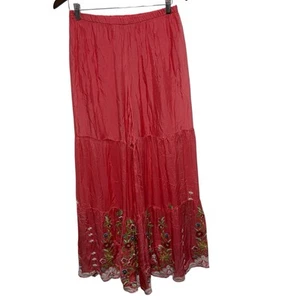 IRIS Pants Womens S Coral Floral Embroidery Italy Silk Pants Wide Leg Flowy Silk - Picture 1 of 12