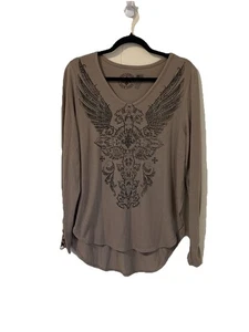 Affliction Womens Top Size XL Live Fast Beaded Brown Long Sleeve Cross Wings - Picture 1 of 6