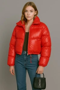 Urban Outfitters Tayrn Red Rouge Crop Puffer Coat Jacket Large Perfect - Picture 1 of 5