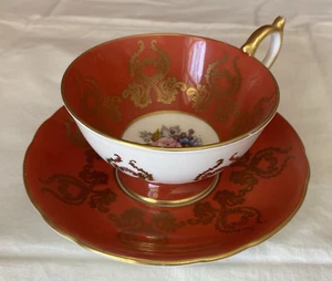 Aynsley JA Bailey Signed Cabbage Rose Bouquet Orange/Red & Gold Teacup Vintage - Picture 1 of 6
