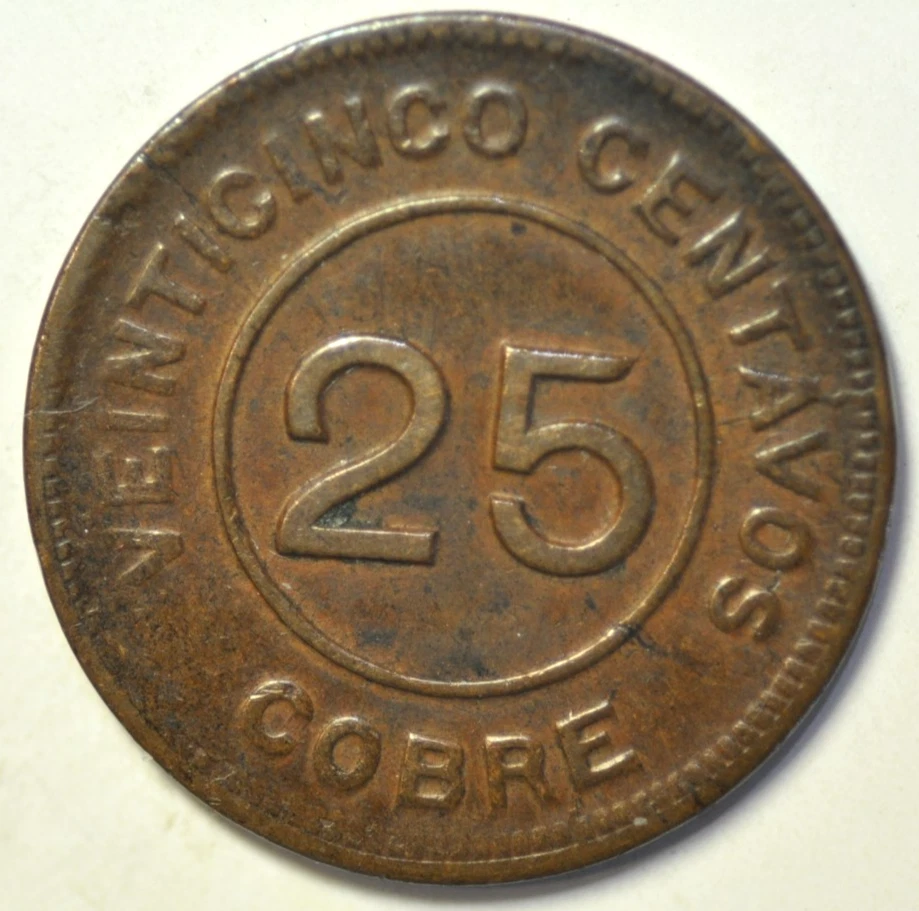 mw24945 Guatemala Moneda Provisional; Cobre 25 Centavos 1915 KM#231 Foto 1 de 2