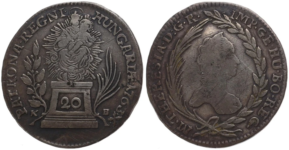 Áustria - Hungria 20 Kreuzer 1763 - Prata 0,583, 6,68g, Ø 28,2mm Km#366 - Imagem 1 de 1