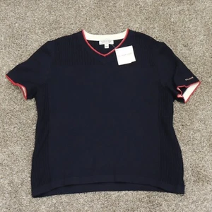 St John Sport Sweater Size Large Wool Blend Navy Blue Knit Short Sleeve NEW - Picture 1 of 5