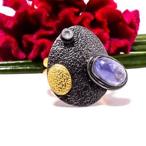 Tanzanite & White Topaz Black And Gold Plated 925 Sterling Silver Ring s.7.5 S46 - Picture 1 of 2