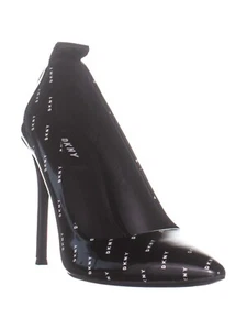NEW DKNY BLACK PATENT LEATHER STILETTO POINTY LOGO PUMPS SIZE 7.5 M - Picture 1 of 8