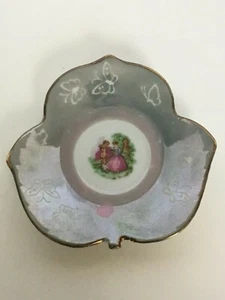 Courting Couple Gray Lusterware Demitasse Butterfly Leaf Shaped Saucer Vintage - Picture 1 of 3