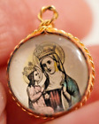 Antique Vintage Reverse Glass Mary & Child Castle Circle Medallion Pendant