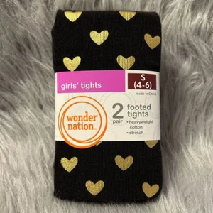 Wonder Nation Footed Tights Girls Size Small 2 Pack Black And Black Gold Hearts - Picture 1 of 3