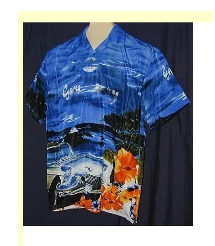 НОВАЯ ВИНТАЖНАЯ ГАВАЙСКАЯ РУБАШКА CADILLAC ON THE BEACH размер S или M    - Изображение 1 из 1