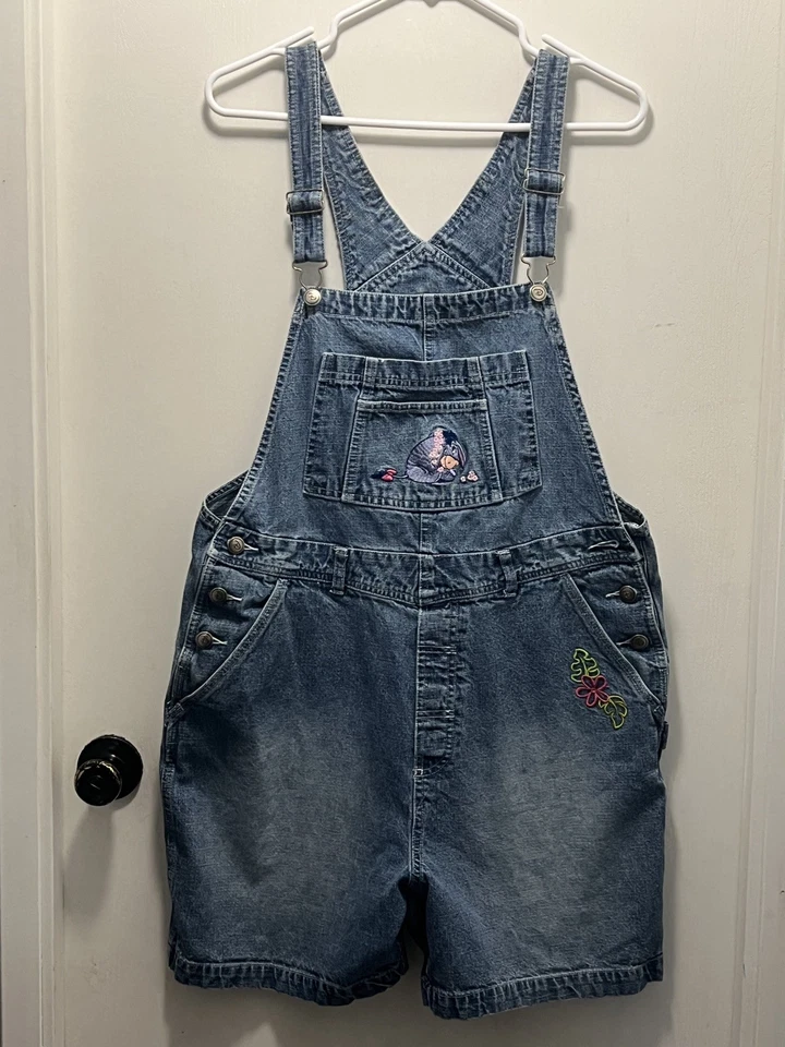 Disney Bib Overall Shorts Womens L Winnie The Pooh Embroidered Denim vintage  - Image 1 of 4