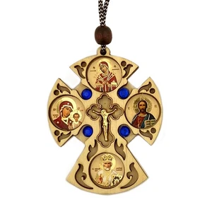 Wooden Icon Cross for Car or Room on Rope - Icons - Seven Swords Virgin of Kazan - Picture 1 of 2