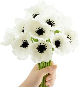 24 Pcs Artificial Flowers Stems Silk White Black 11 Inch Anemone Pu Real Touch - Bild 1 von 12