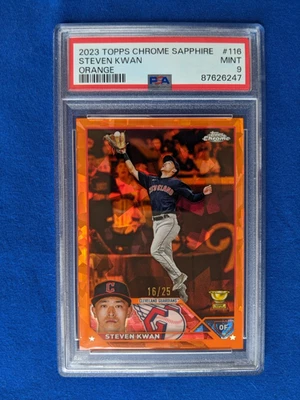 PSA 9 Steven Kwan /25 Orange Refractor 2023 Topps Chrome Sapphire #116 Cleveland - Image 1 of 2