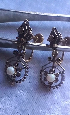 Antique Dangle 14 Kt Gold Round Opal Screwback Earrings - Image 1 of 4